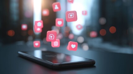 Close-up smartphone with glowing social media icons for digital marketing