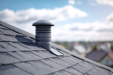 Naklejka premium Roof vent installed on asphalt shingles against a blue sky background