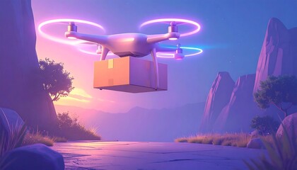 3 D illustration of a drone delivering a cardboard box over a mountain landscape at dusk with glowing lights