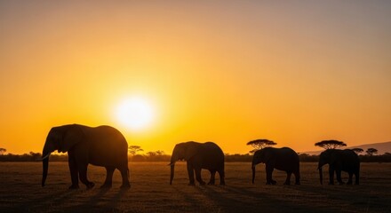 Fototapeta premium Majestic Elephant Herd Silhouetted Against a Fiery African Sunset