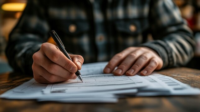 A person's hands fill out a form or document, close-up shot. Useful for articles about bureaucracy, employment, paperwork, and educational materials on filling out forms.