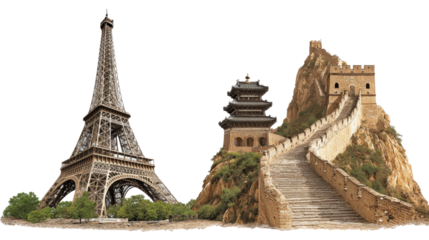 Iconic Landmarks: Famous landmarks like the Eiffel Tower and Great Wall of China, isolated on a Transparent background, PNG file.