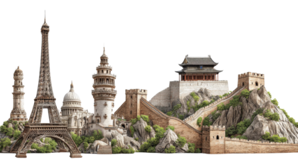 Iconic Landmarks: Famous landmarks like the Eiffel Tower and Great Wall of China, isolated on a Transparent background, PNG file.