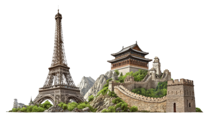 Iconic Landmarks: Famous landmarks like the Eiffel Tower and Great Wall of China, isolated on a Transparent background, PNG file.