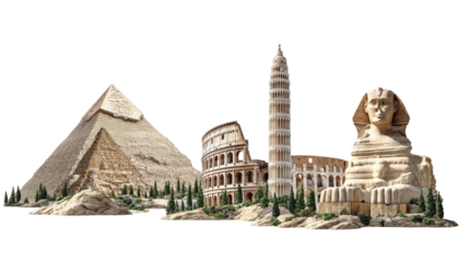 Iconic Landmarks: Iconic landmarks like the Pyramids of Egypt, the Colosseum, and Mount Rushmore, isolated on a Transparent background, PNG file.