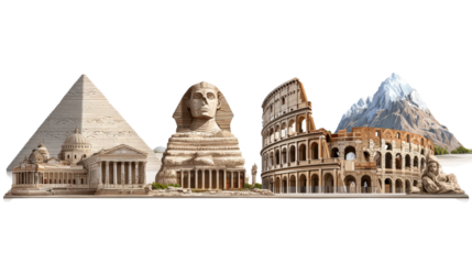 Iconic Landmarks: Iconic landmarks like the Pyramids of Egypt, the Colosseum, and Mount Rushmore, isolated on a Transparent background, PNG file.