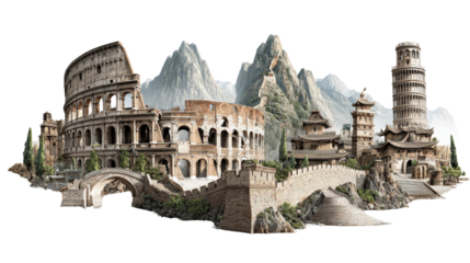 Iconic Landmarks: Iconic landmarks such as the Colosseum and Great Wall of China in stunning detail, isolated on a Transparent background, PNG file.