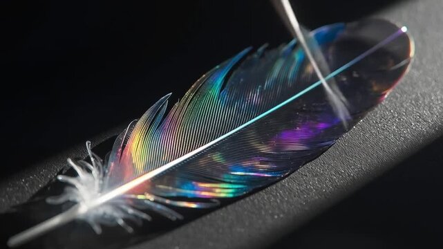 Iridescent Feather Shimmers: Captivating Close-Up of a Quill with Rainbow Colors, Animated Shadow Play, and Subtle Shifts in Light and Angle. Showcasing Fine Details and Textures