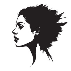 This artwork captures a striking silhouette rendered in minimalist black ink brush strokes, portraying dynamic hair fluttering in motion and evoking a sense of energy and freedom.