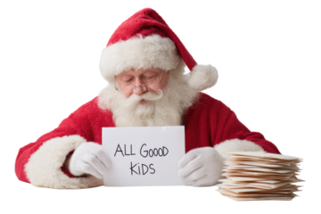 Jolly Santa Crafting Holiday Messages Isolated on White Background