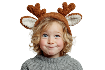 Adorable Kid Making Funny Reindeer Face Isolated on White Background