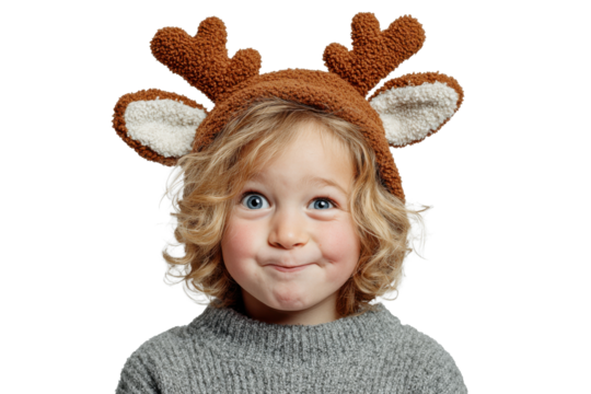 Adorable Kid Making Funny Reindeer Face Isolated on White Background