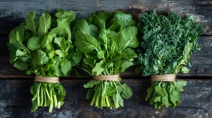 Freshly harvested bunches of arugula, spinach, and kale are displayed on a rustic wooden surface, highlighting their vibrant green colors and natural texture.