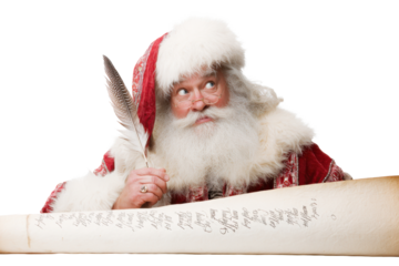 Thoughtful Santa Claus with Pen and Paper  Isolated on White Background