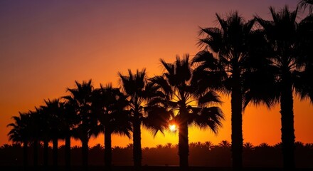 Silhouetted Palm Trees Against Fiery Sunset Sky, Golden Hour, Dramatic Landscape.
