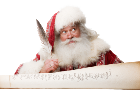Thoughtful Santa Claus with Pen and Paper  Isolated on White Background
