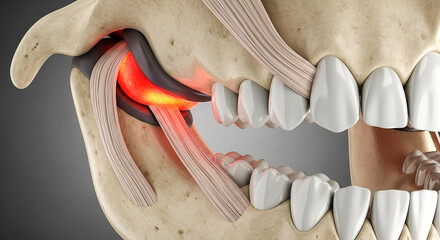 Detailed 3d dental anatomy visualization of temporomandibular joint tmj pain inflammation and tooth alignment issues