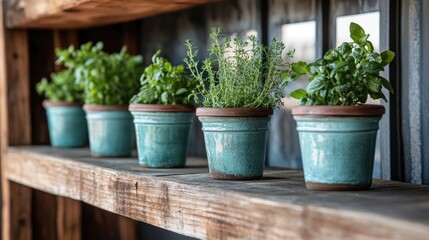 Row of Turquoise Pots with Green Herbs on Rustic Wooden Shelf in Natural Light Indoor Display