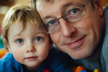 Closeup portrait of a father and child playing together with toys at home, bonding moment, generative ai