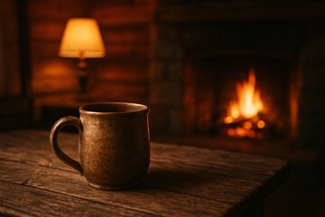 Rustic coffee mug on wood table near warm fireplace