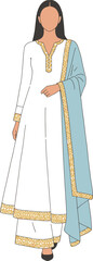 Minimal flat Lahore woman in elegant white anarkali suit with golden border and blue dupatta