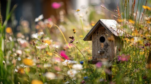 Wooden birdhouse nestled among vibrant wildflowers in a sunny garden setting with natural beauty