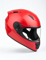 A red full-face motorcycle helmet with a clear visor and black accents, presented against a plain white background.