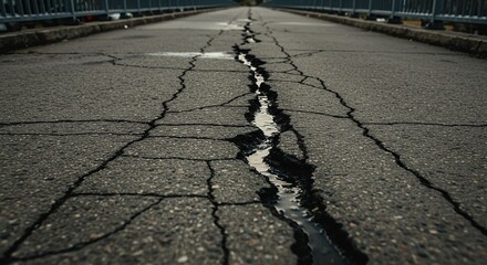 A cracked asphalt surface with water filling the fissures on a bridge extending into the distance
