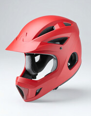 Vibrant red full-face helmet designed for extreme sports, featuring a protective visor and ample ventilation for comfort and safety.