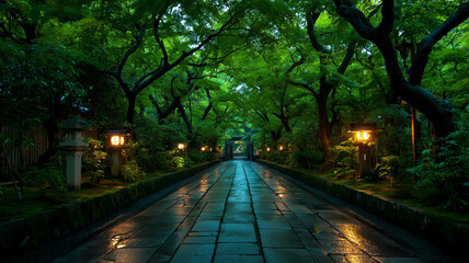 Obraz premium 新緑に包まれた参道と灯りの夕景