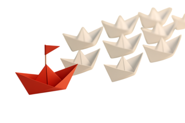 Red Paper Boat Leading a Group of White Paper Boats, Isolated on transparent background


