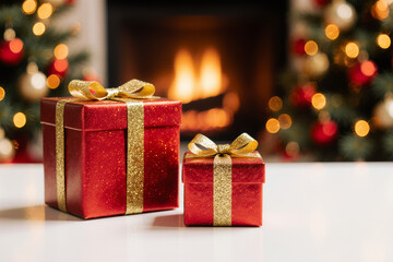 Christmas gift photo: two red, glittery presents with gold ribbons, in front of a lit fireplace and decorated trees. 