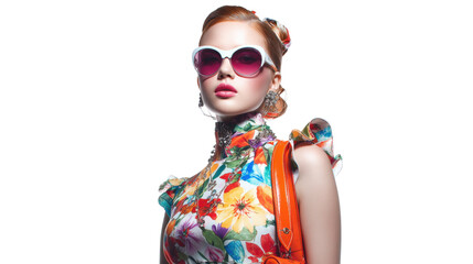 High fashion portrait of a model in a floral print dress with modern accessories, isolated on a Transparent background, PNG file.