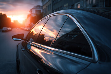 Obraz premium Sunset reflects in a car window parked on a city street at dusk