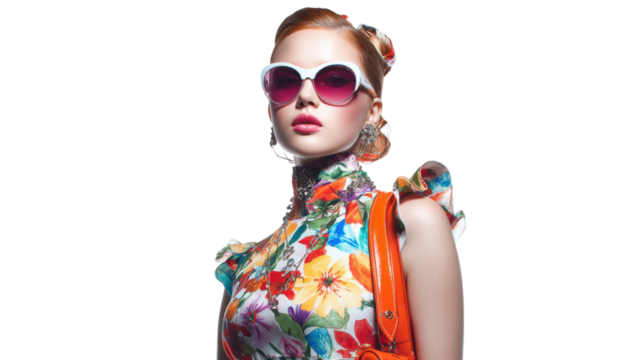 High fashion portrait of a model in a floral print dress with modern accessories, isolated on a Transparent background, PNG file.