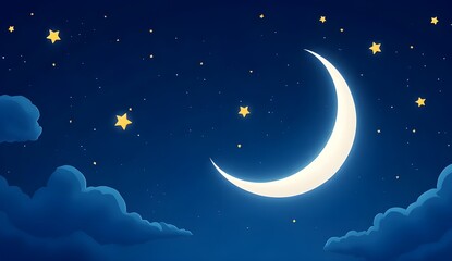 Naklejka premium Cartoon Night Sky Scene - Shining Crescent Moon with Twinkling Stars