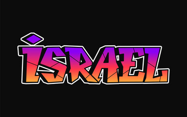 Colorful graffiti of the word "Israel" on a black backdrop with a striking design.