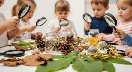 Group of Diverse Children Exploring Nature with Magnifying Glasses and Natural Items in Bright Classroom Setting