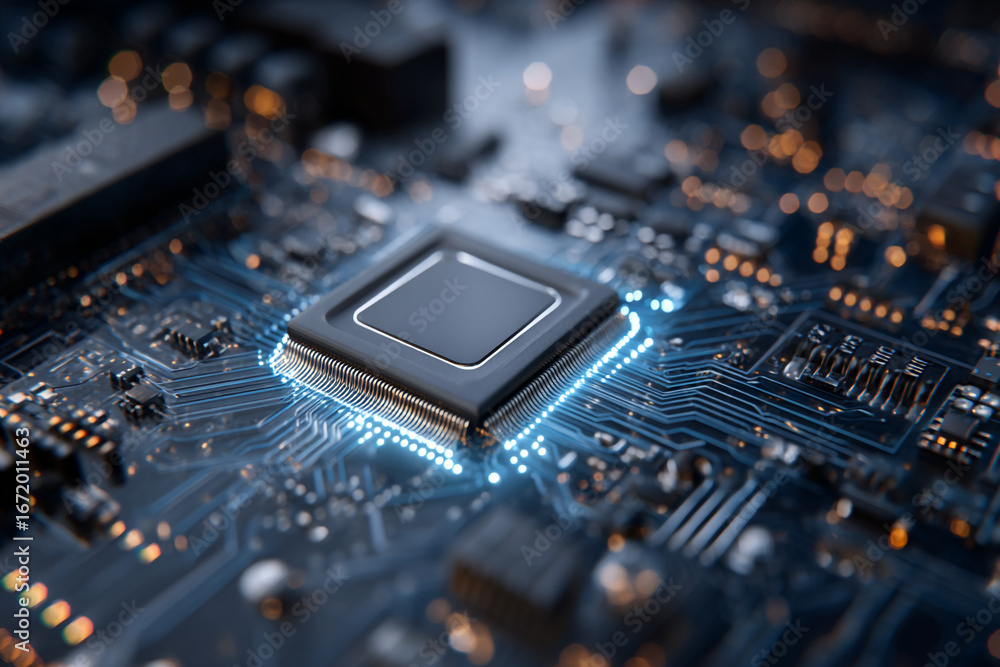 Poster closeup of a computer processor glowing on a circuit board showing technological advancement