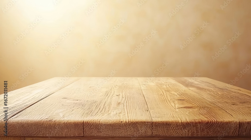 Poster warm wooden table top with mottled beige background for product display and mockup in studio setting