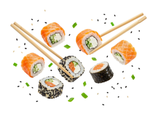 Delicious sushi rolls with chopsticks artistically arranged against a dramatic transparent background