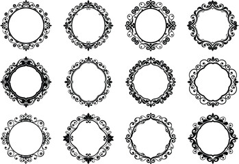 Vector art of set of twelve ornate circular and oval decorative frames and borders