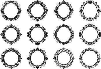 Vector art of collection of twelve ornate circular and oval decorative frames with intricate scrolling patterns