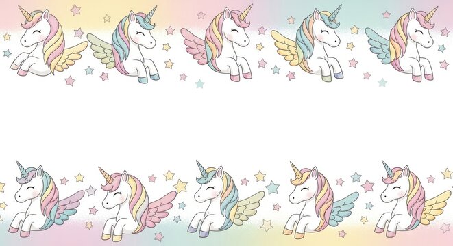 Whimsical pastel unicorns with wings sit on a rainbow backdrop dotted with stars