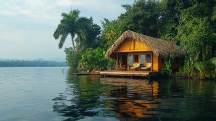 Obraz premium A serene wooden cabin rests on the lake's edge, embraced by vibrant foliage and reflective waters under soft clouds