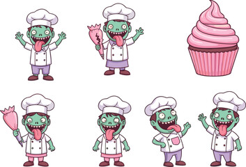 Cute green zombie chef cartoon character baking cupcakes, funny undead baker with icing bag, whimsical cooking and baking illustration.