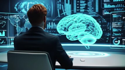 Artificial intelligence brain hologram displayed in futuristic technology laboratory. Professional analyzing neural network data visualization on digital screens. Advanced neuroscience research - Powered by Adobe