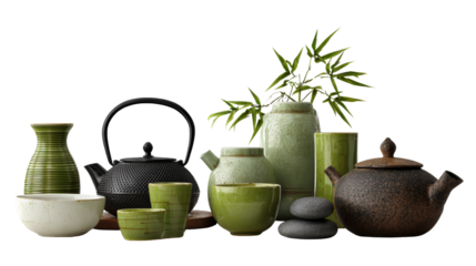 Japanese Tea Ceremonies: Elegant Japanese tea ceremonies with traditional teapots, tea cups, and serene ambiance, isolated on a Transparent background, PNG file.