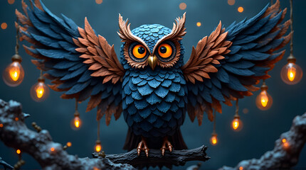 Fototapeta premium Illustration of Owl with Open Wings and Decorative Lights