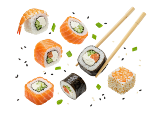 Delicious sushi rolls and chopsticks arranged artfully for a vibrant japanese cuisine presentation transparent background